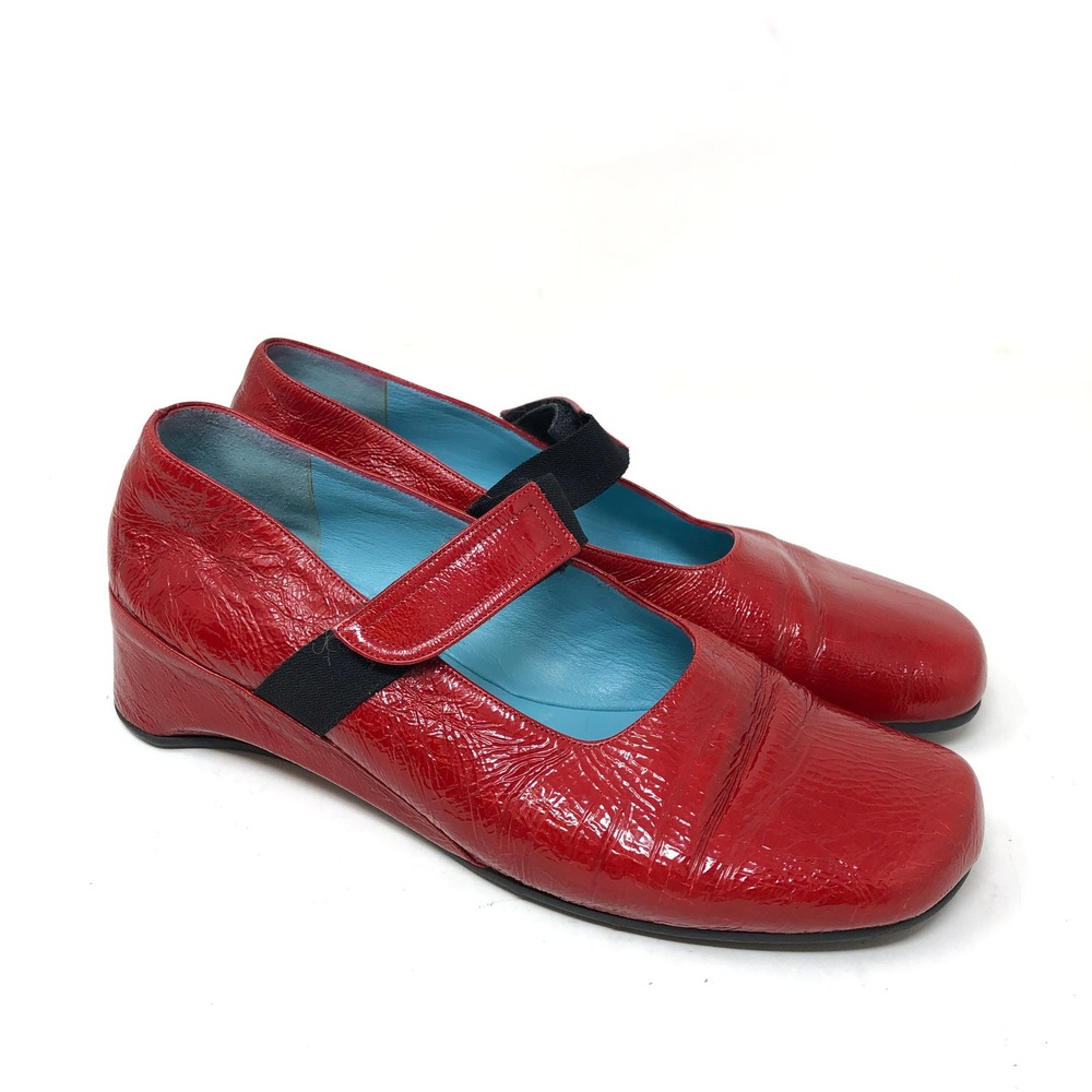 Thierry Rabotin Womens 37.5 Mary Jane Wedge Red Patent Leather Elastic Strap